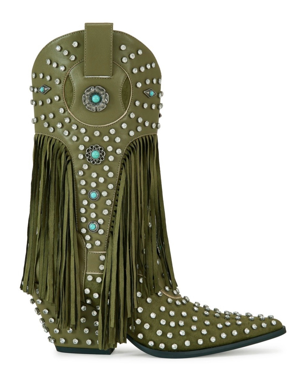 AZALEA WANG ‘GREYSON’ FRINGE AND RHINESTONE COWBOY BOOT IN OLIVE GREEN NIB